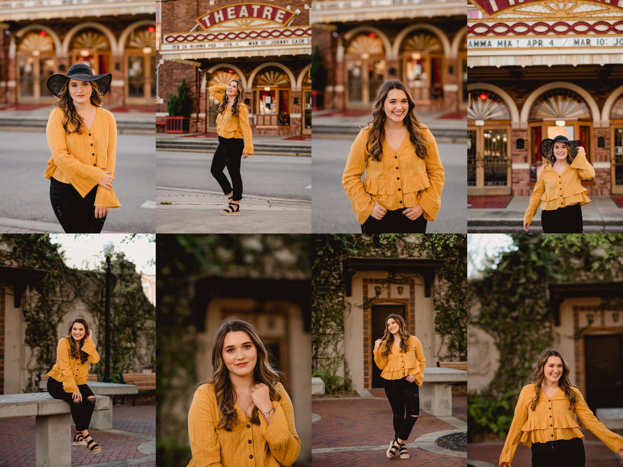 Photos of girl taken infront of old theatre in mustard color shirt.