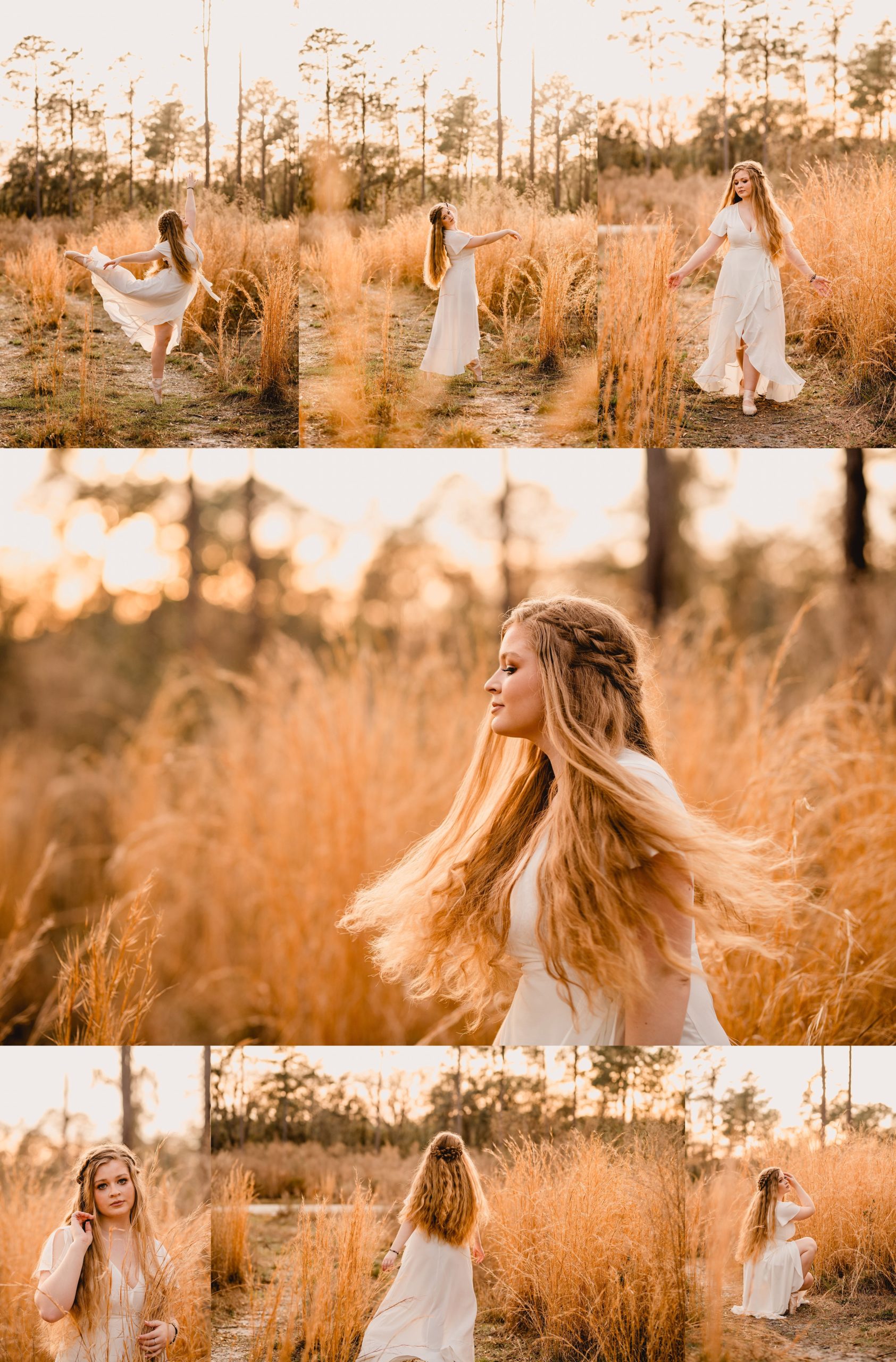 Senior dance pose ideas for pictures in tall grass field during the fall.