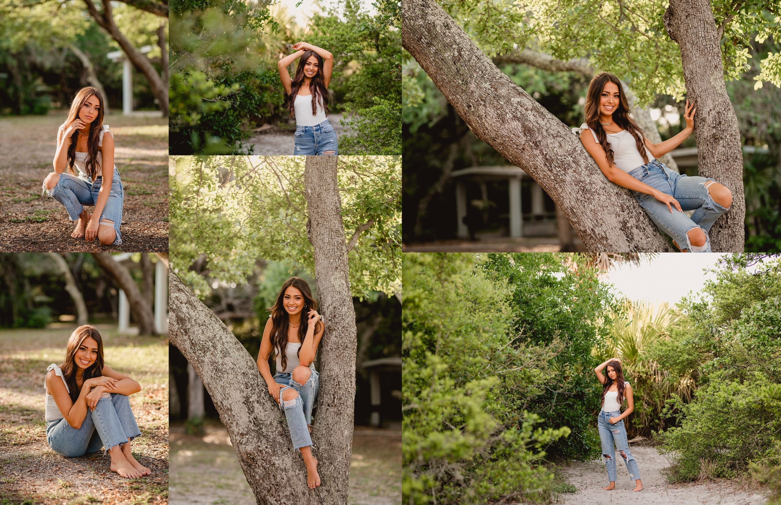 Outdoor senior pictures with girl in a tree. Outfit ideas. North Fl senior photographer.