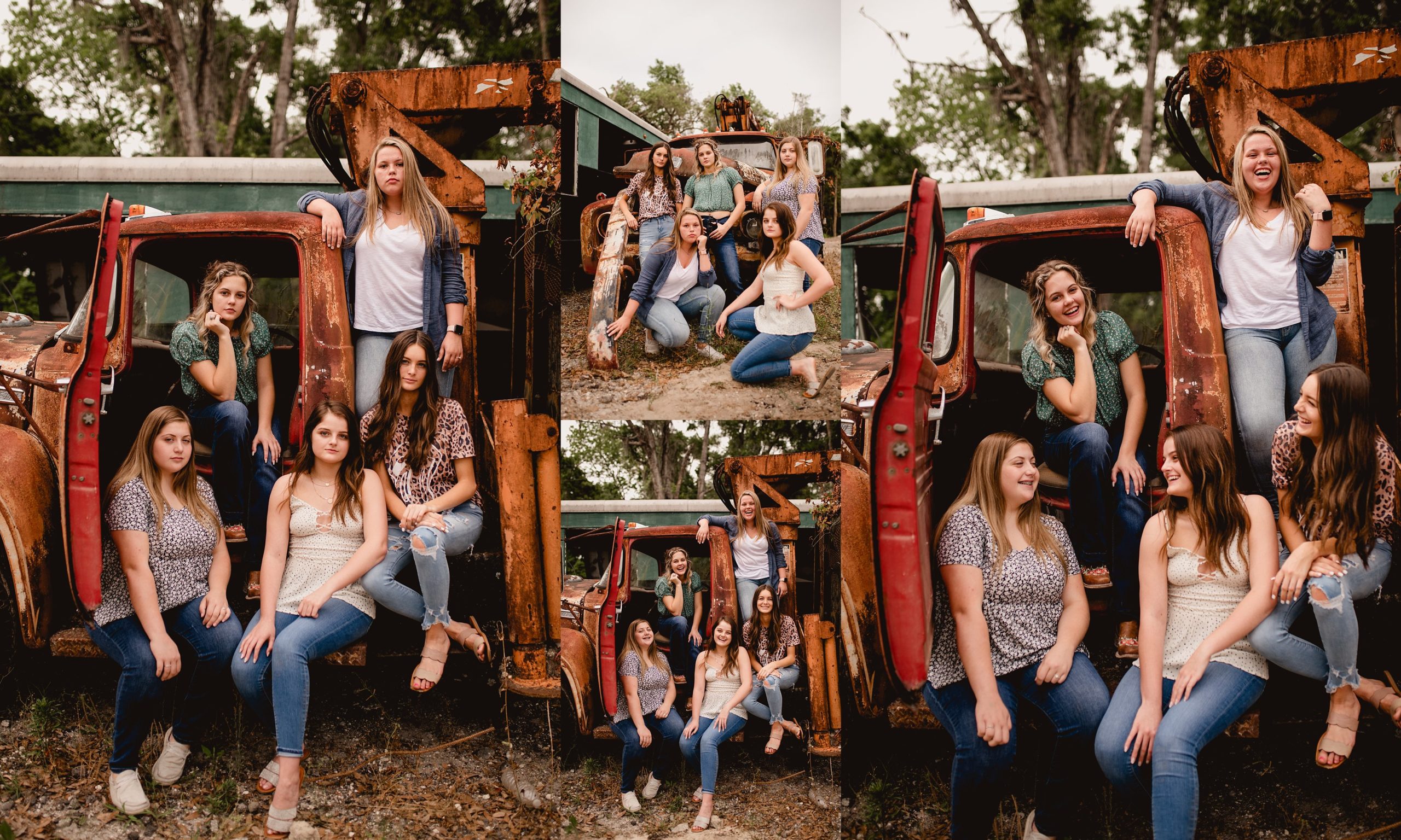 Senior rep team with old rusted truck themed session.