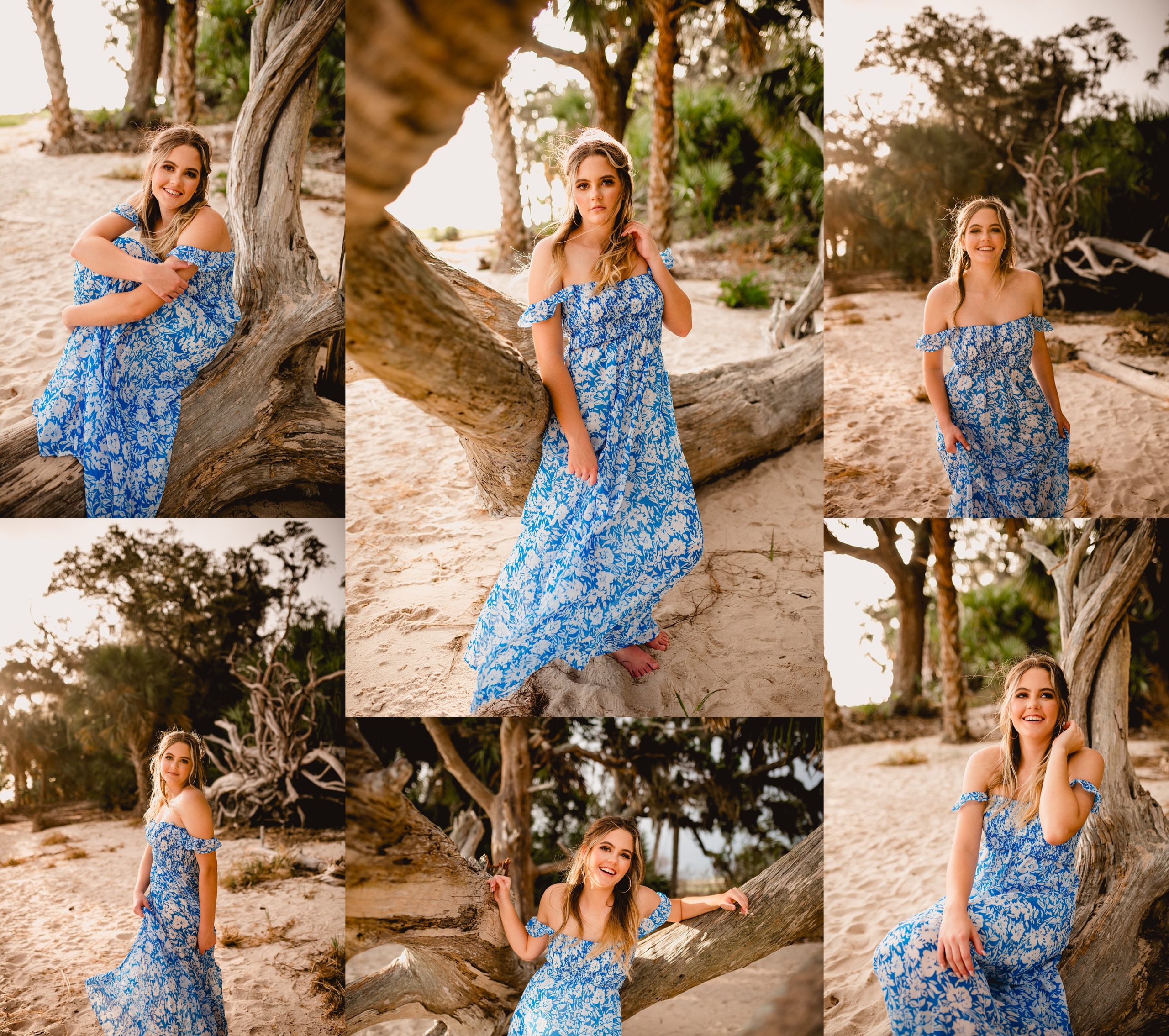 Pretty photos of senior girl in blue dress on the beach with driftwood in Florida.