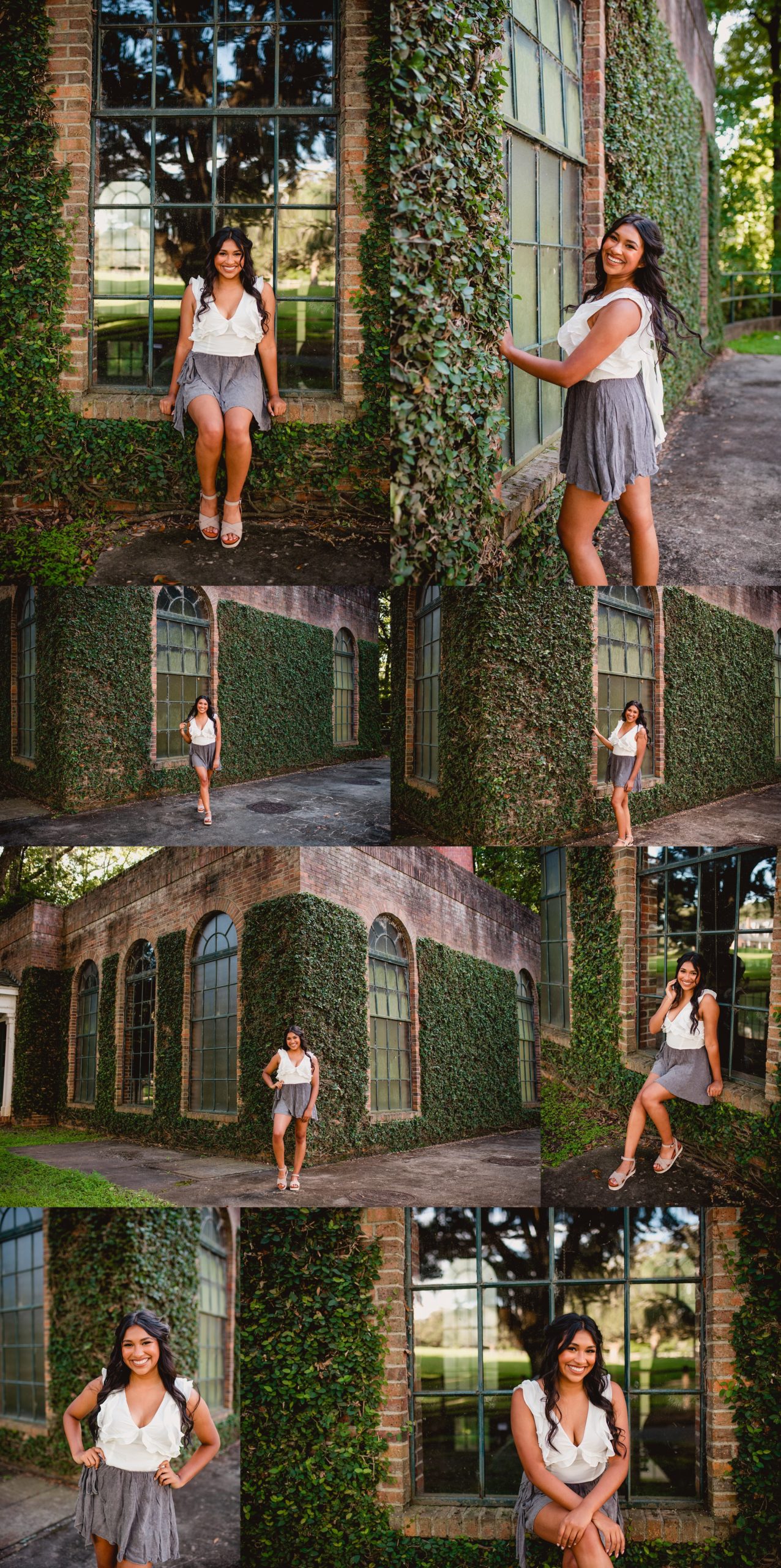Beautiful senior photoshoot at historic plantation in the southeast by ivy wall.