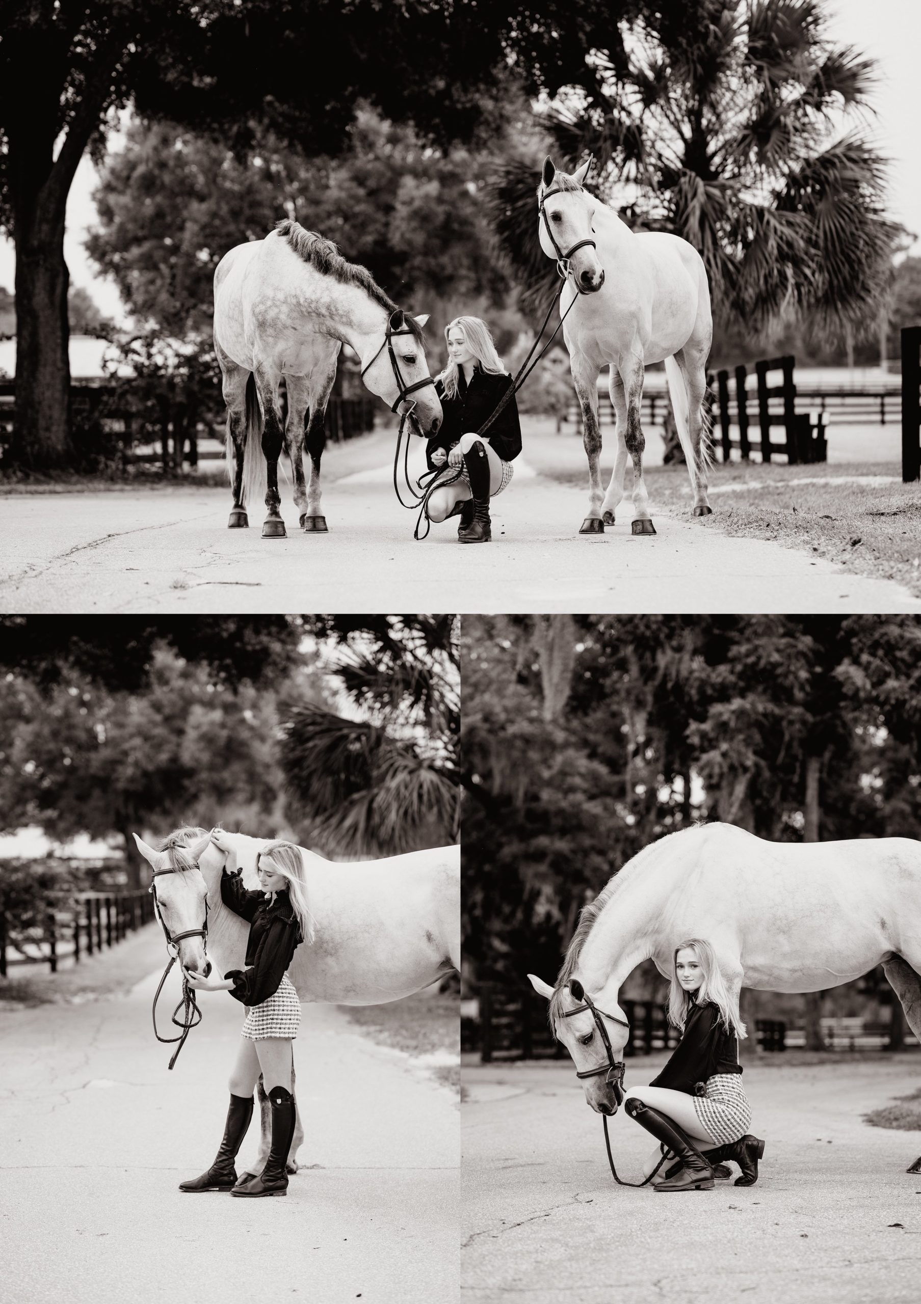 Artistic horse photographer in Florida takes photos of girl with two grey horses.
