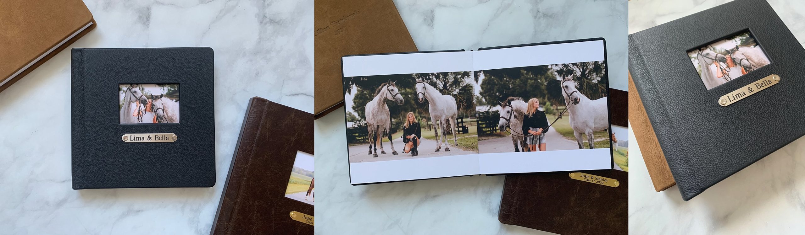 Artistic photo album of equestrian and her horses with silver stable plate.