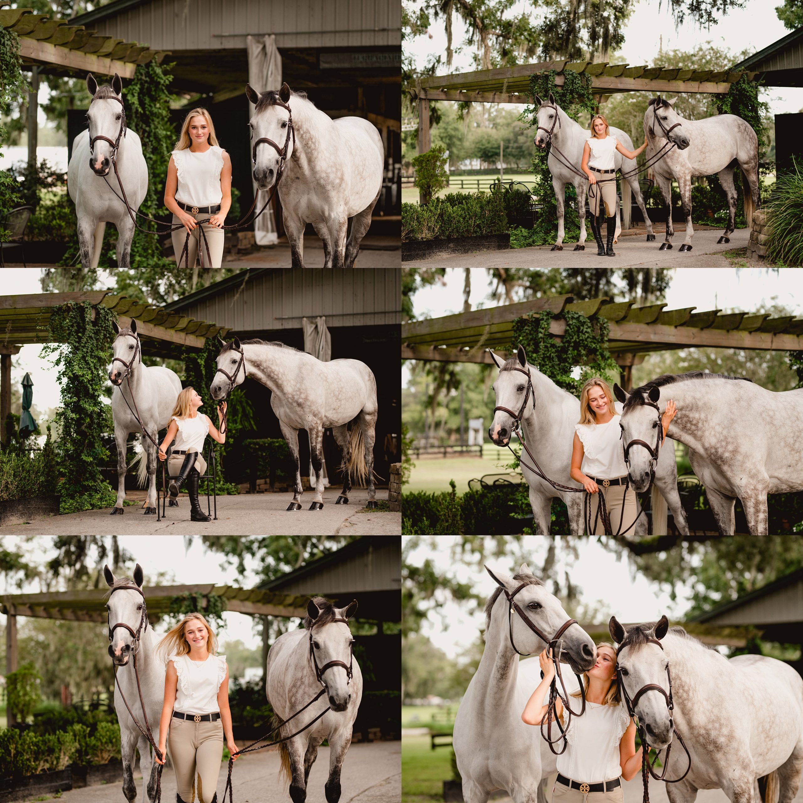 Equestrian and her two grey horses. Horse and rider photoshoot with two horses.