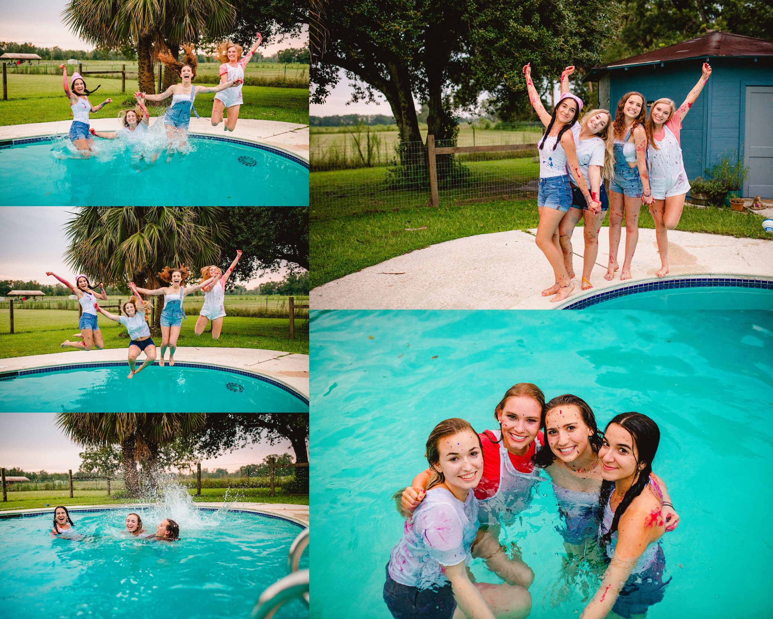 Senior model team jumps into a pool in Florida.