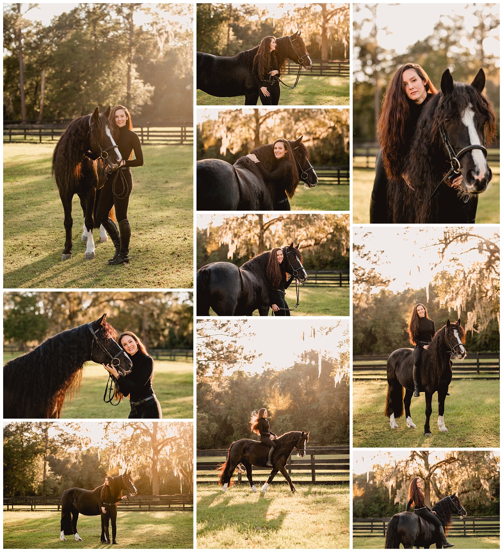 Fun horse and rider photoshoot near Tallahassee, Florida during the golden hour with woman and her dressage pony.