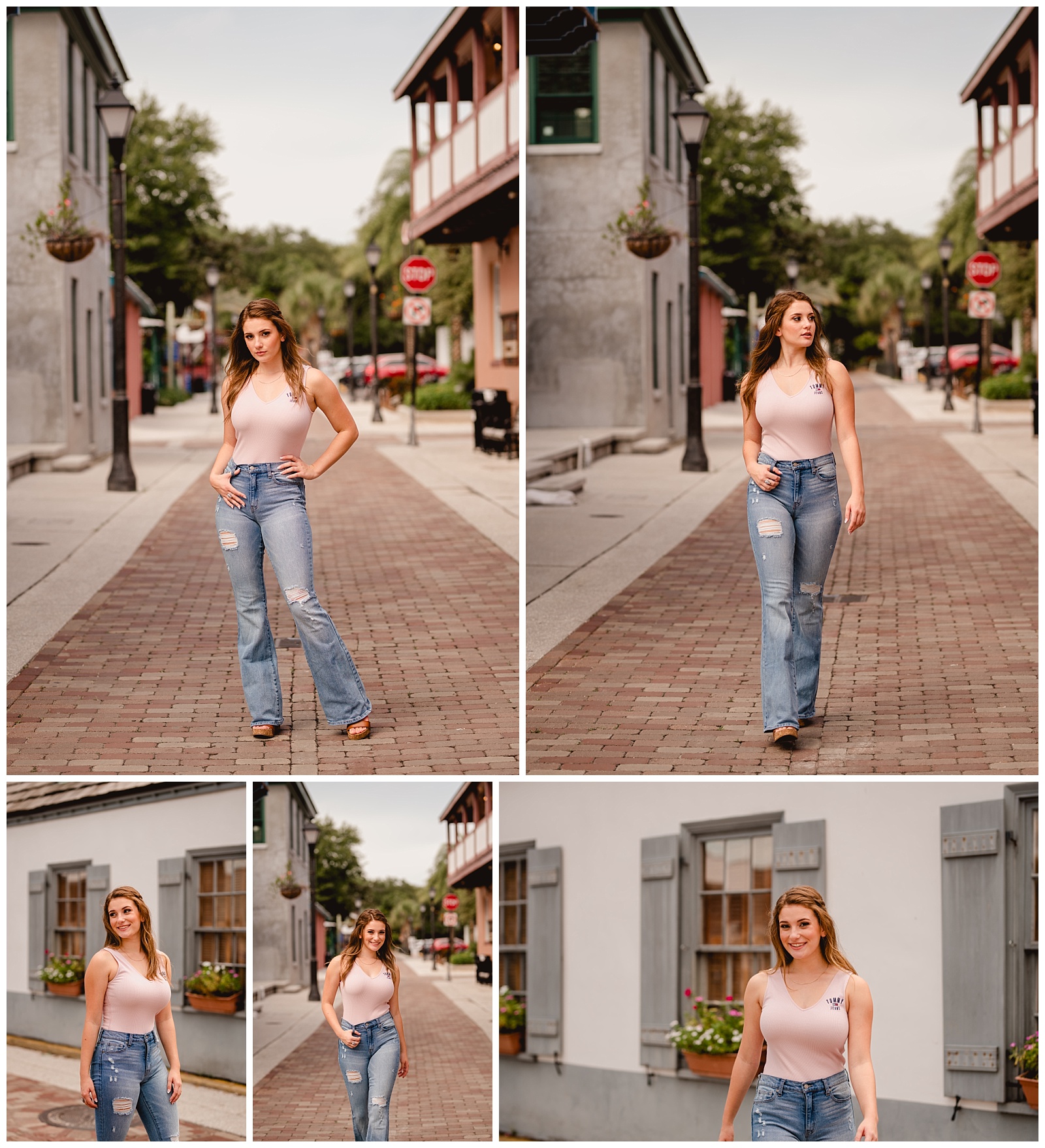 High school senior pics in downtown St Augustine, Florida on brick roadway. Shelly Williams Photography.