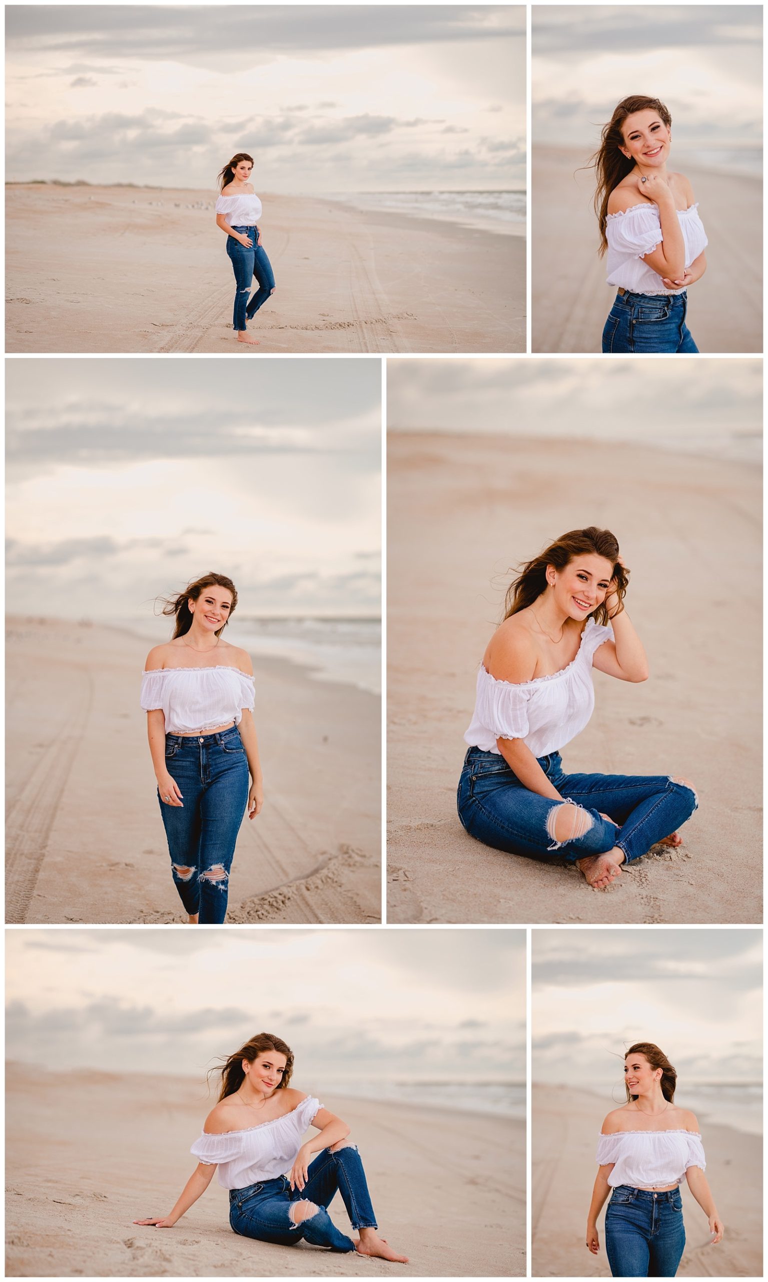 Poses for senior photos on the beach in white shirt and jeans. Florida beaches. Shelly Williams Photography.