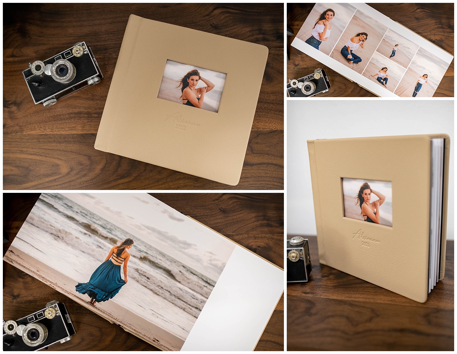 Professional photo album for high school senior pictures with italian leather and cameo cover.