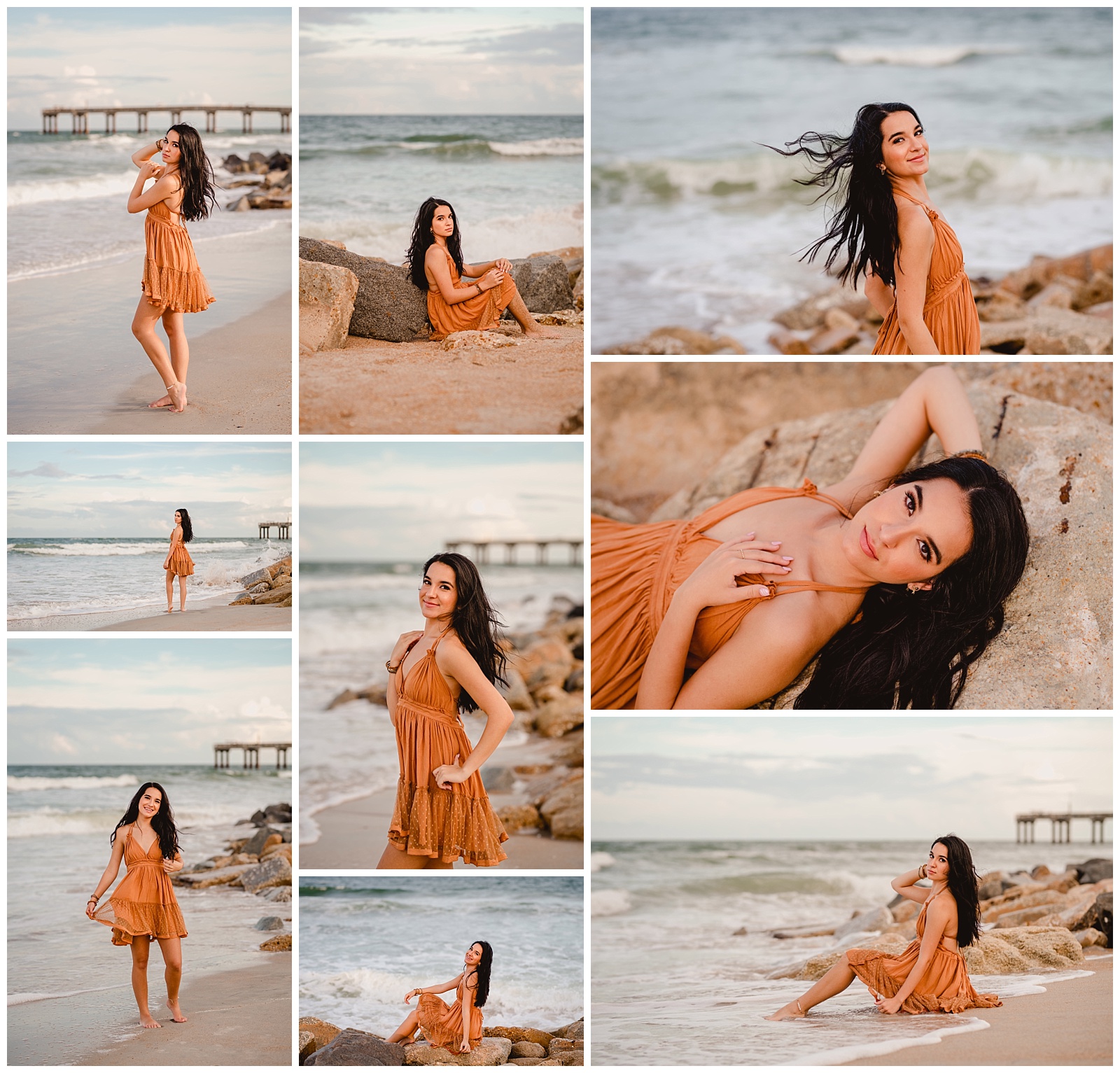 Rocky beach near st augustine florida for senior pictures of girl wearing tan dress.