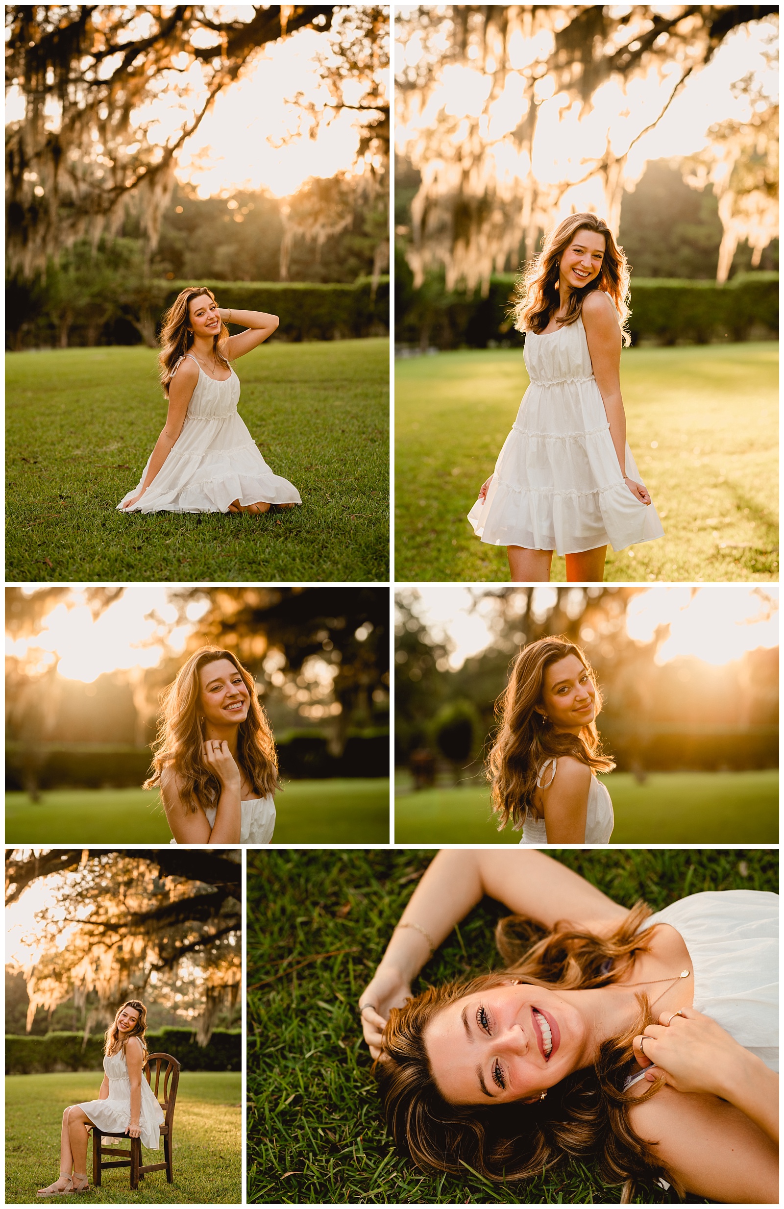 Senior girl outfit ideas with short white dress at sunset in South Georgia.