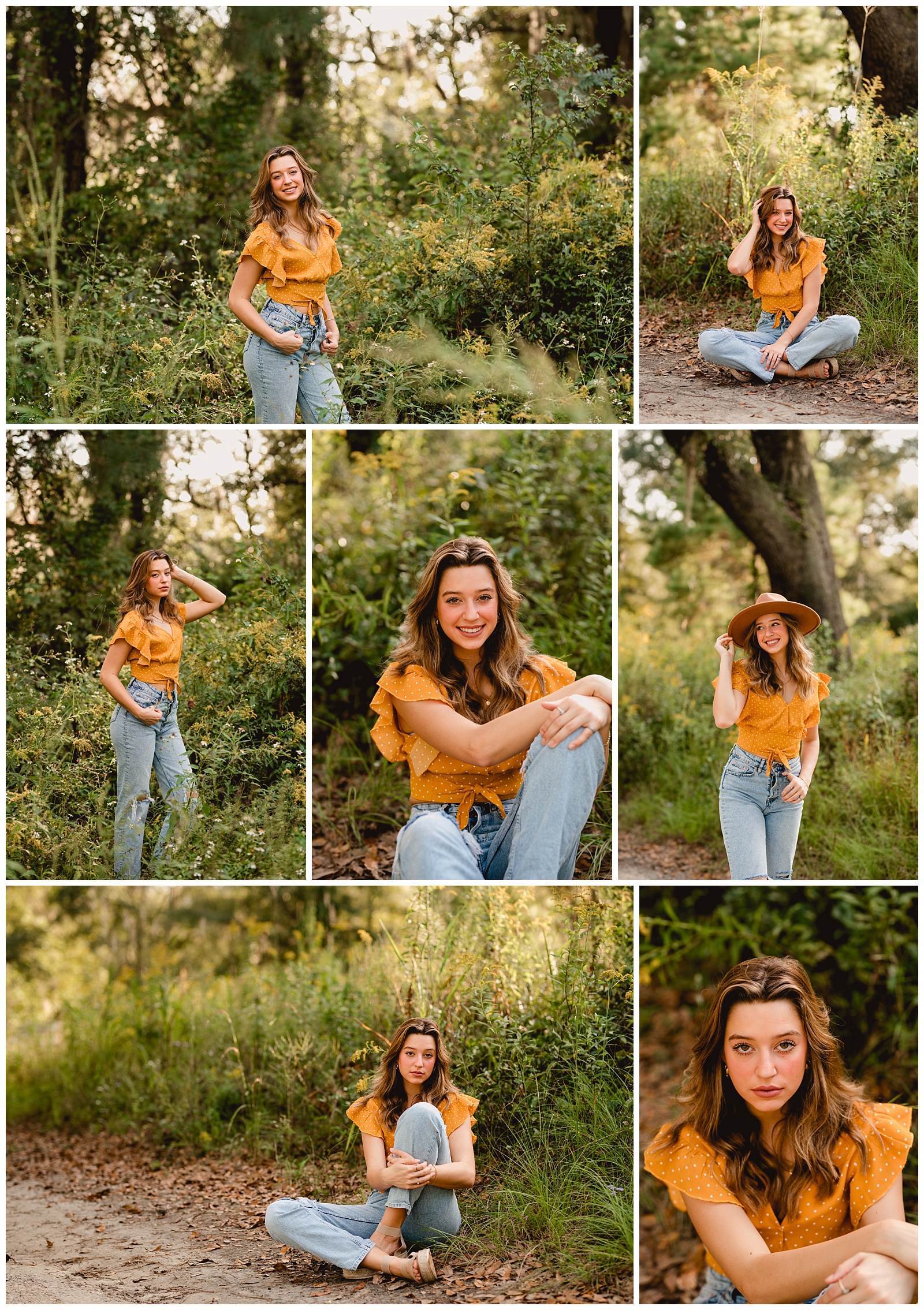 Tallahassee senior photographer takes photos of girl in cute mustard top.