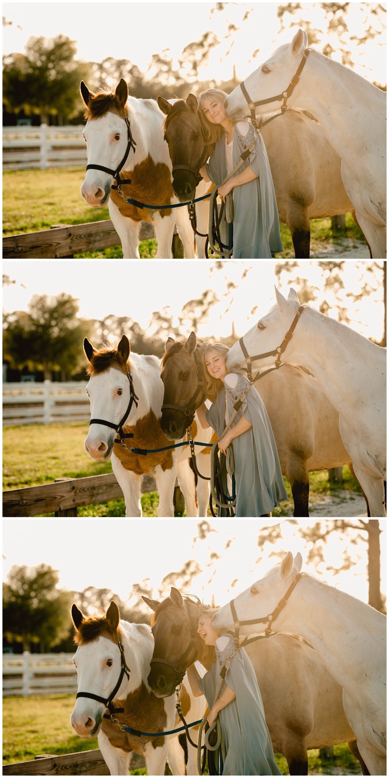 Blooper photos of girl with her three horses.