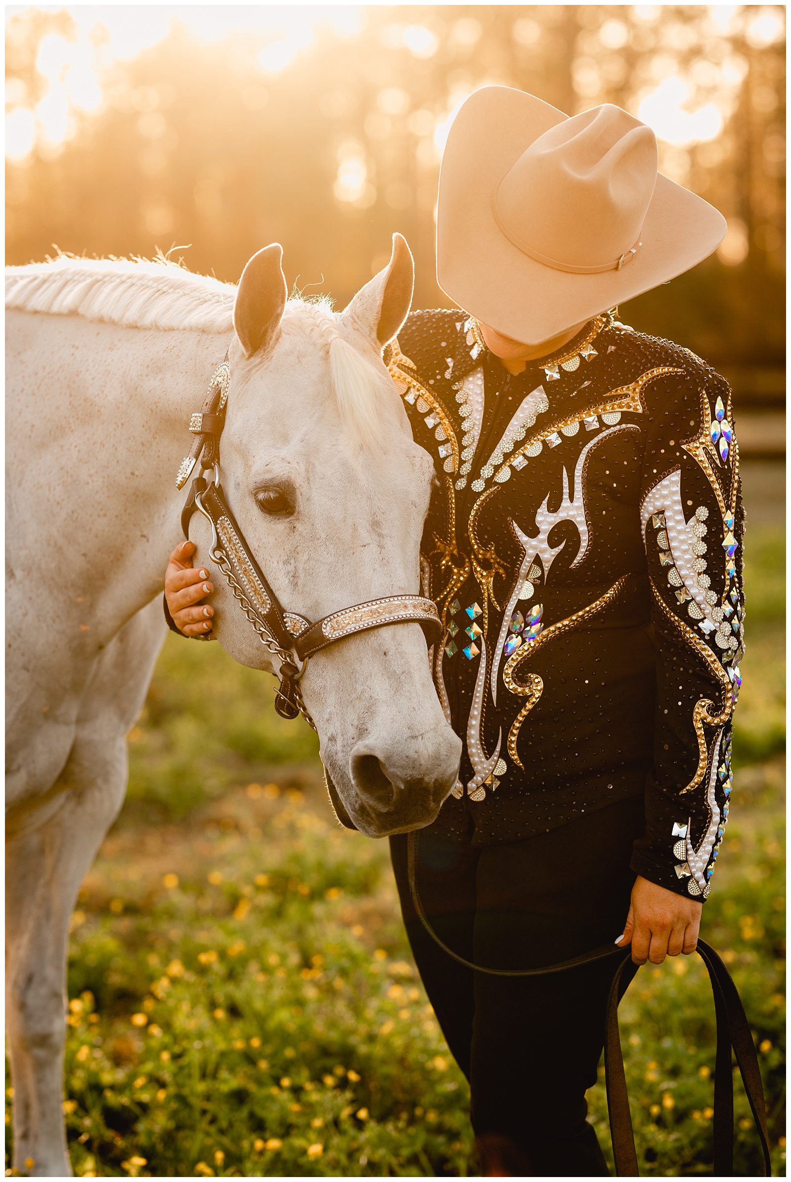 Gorgeous photo of girl in showmanship jacket and western pleasure gelding during golden hour in Tampa, Florida.