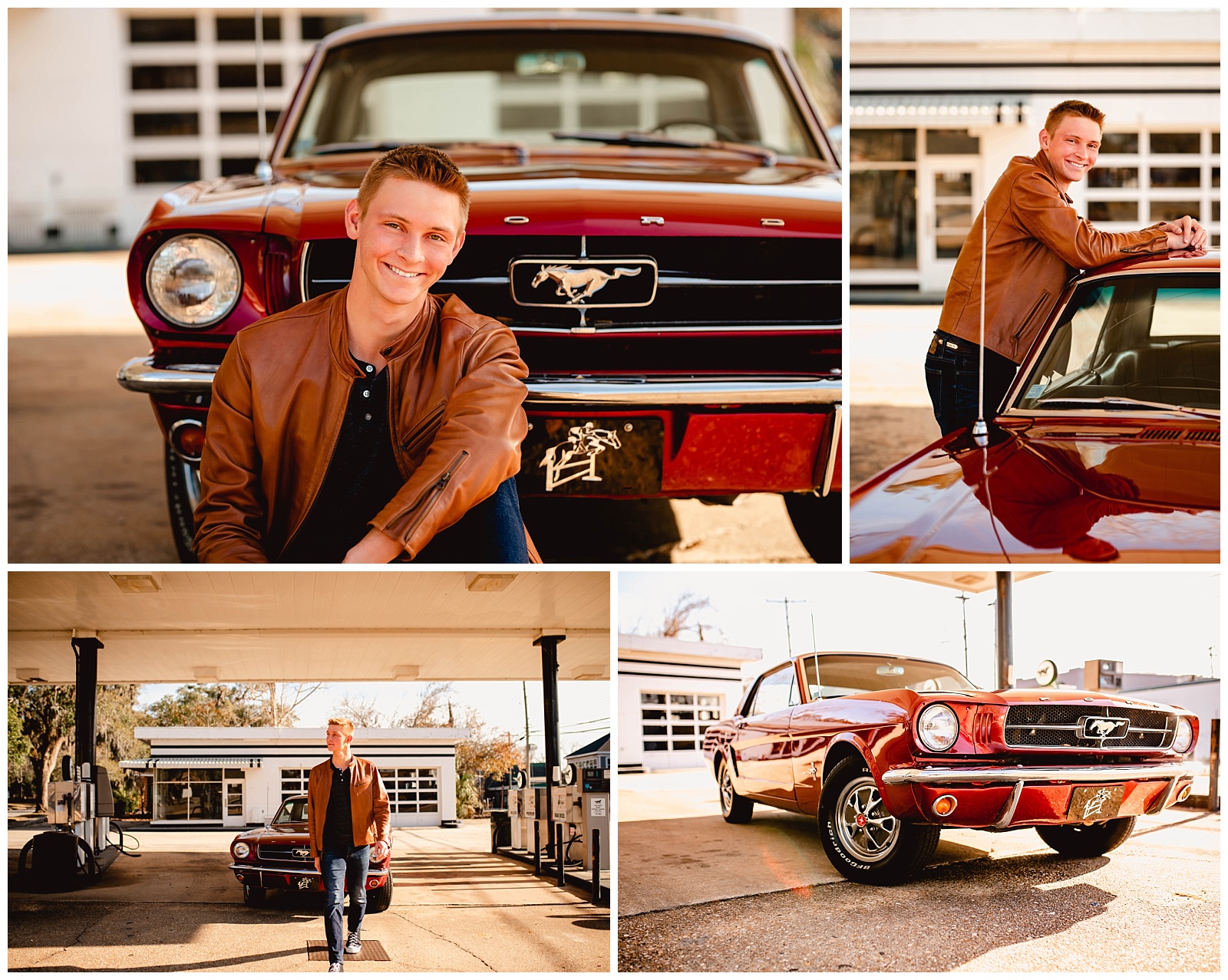 Senior boy and his mustang car and leather jacket. Cool senior picture ideas for boys.