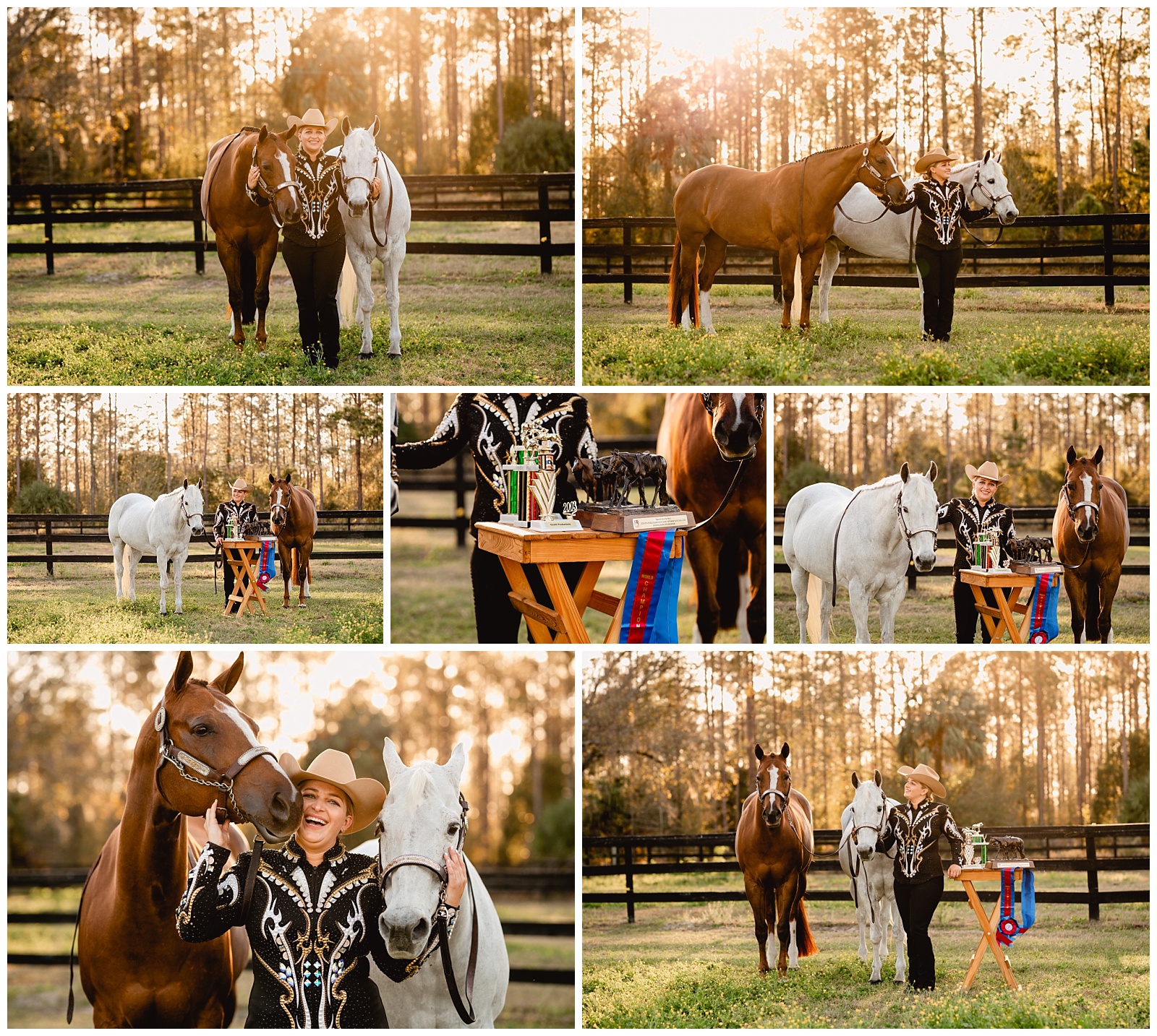 Western pleasure show horses with their rider in showmanship jacket and trophies. Florida equine photographer.