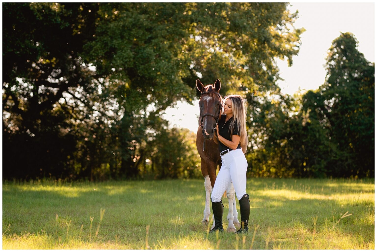 Tallahassee equestrian photographed with her pinto Thoroughbred gelding at Gray Lily Farms. Free Ride Equestrian outfit. Florida horse and rider photographer.