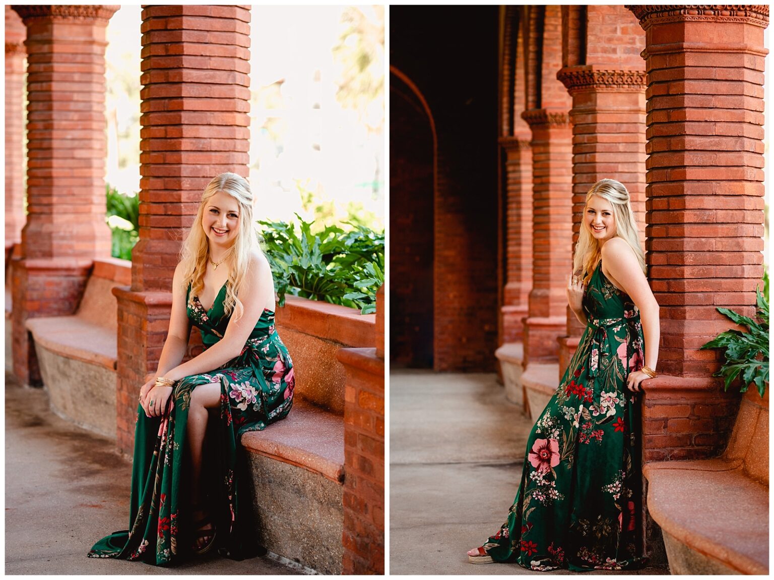 St Augustine historic town, Florida. Senior photos with historic buildings. Green floral dress for senior picture outfit.