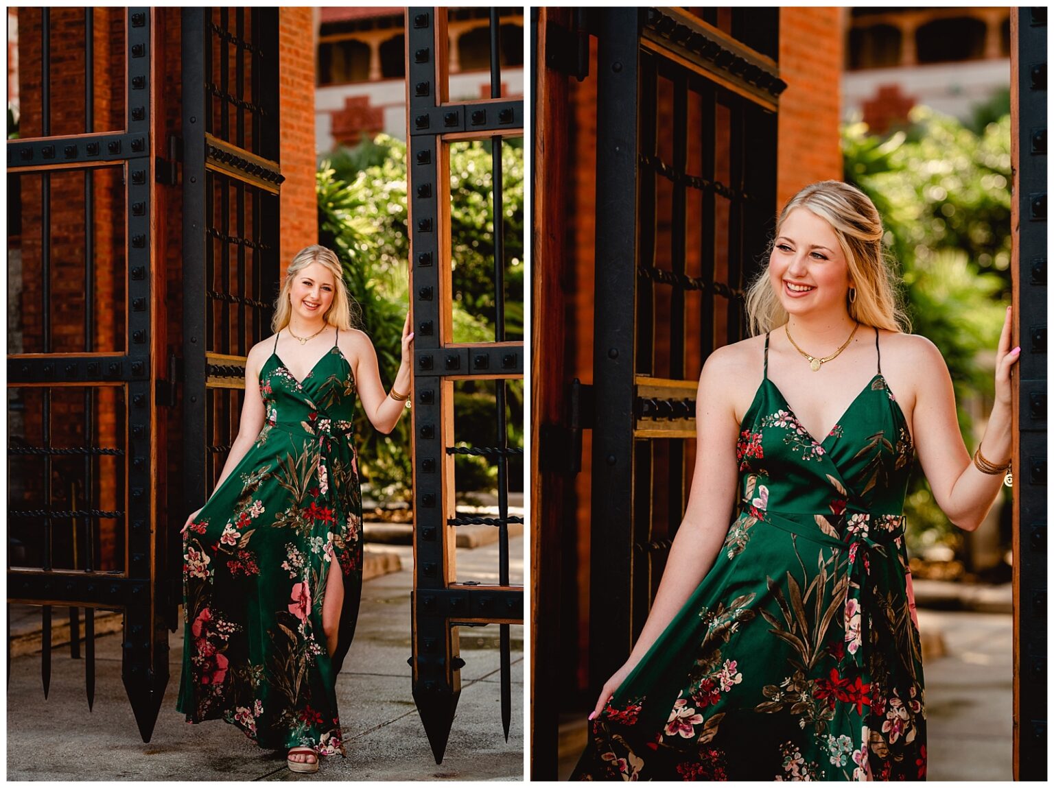 St Augustine historic town, Florida. Senior photos with historic buildings. Green floral dress for senior picture outfit.