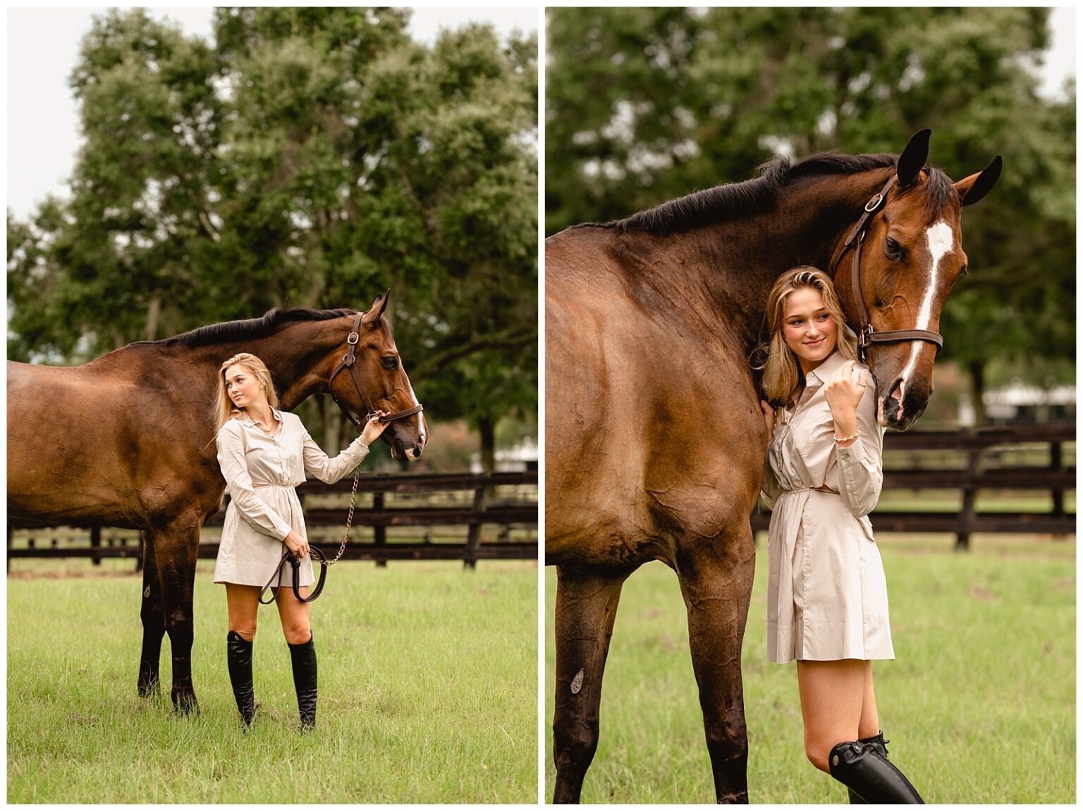 Ocala photoshoot with Horse and Rider. Equestrian styled outfit with dress from Odette Boutique, paired with tall boots.